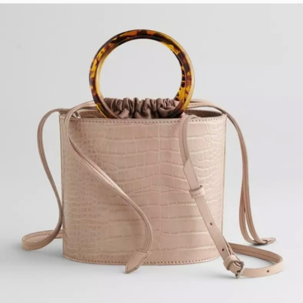 Elizabeth and James Beige Croc-Embossed Crossbody with Tortoiseshell Handle